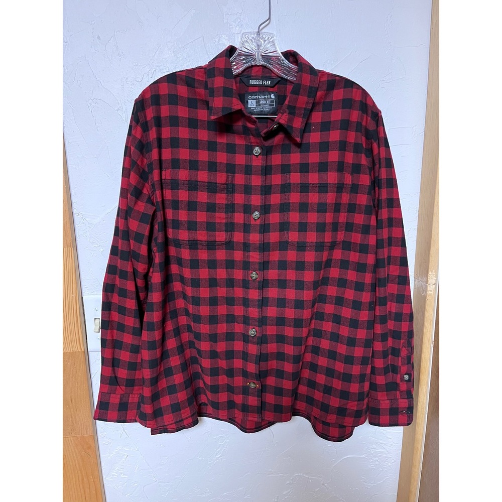 Carhartt Rugged Flex Red Black Plaid Flannel Shirt Loose Fit Women's Large